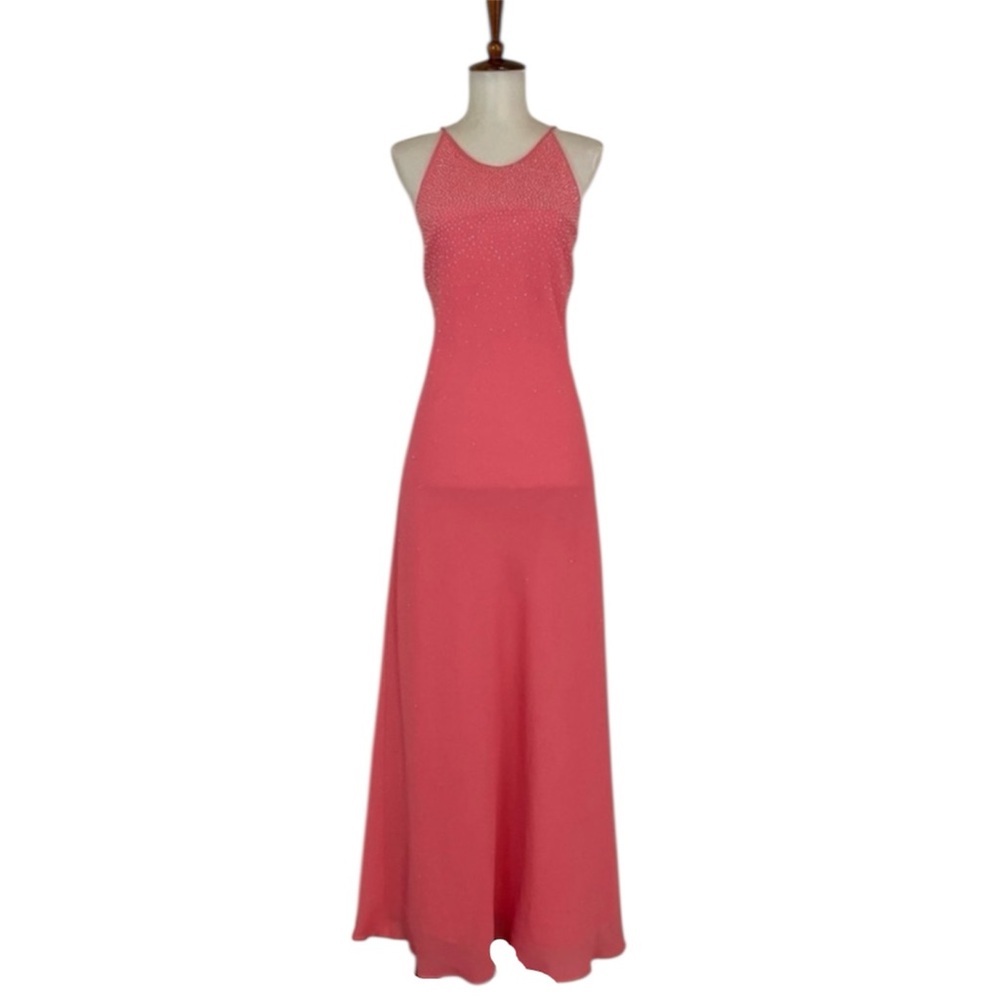 Vintage Coral 90s Maxi Slip Dress 10 NWT Beaded Sleeveless Cocktail Event Retro